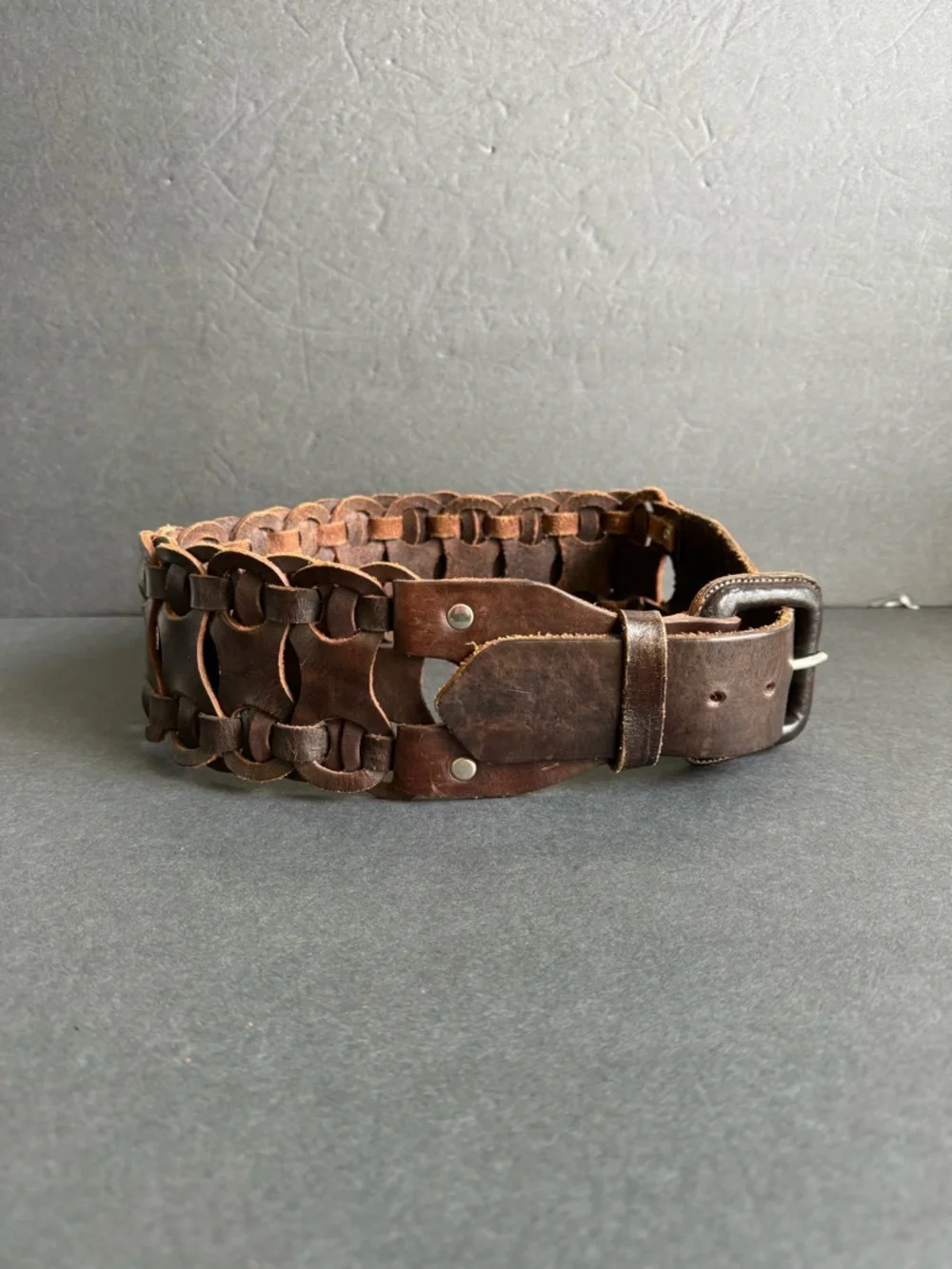 Vintage Woven Leather Belt Waist Statement Wide Brown Womens Small / Medium